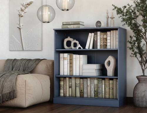 Solid Wood Bookcase - 3-Tier Bookshelf, 36" H x 32” W - Antique Blue, Modular Storage Display, Eco-Friendly Solid Wood, Made in Brazil