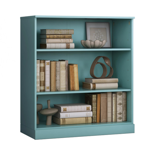 Solid Wood Bookcase - 3 Tier Floor Standing Bookshelf - 36" Short Storage Shelf, 32” Wide - Aqua, Display Furniture for Living Space, Renewable 100% Eco-Friendly Wood, Made in Brazil