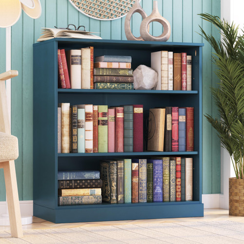 Solid Wood Bookcase - 3 Tier Floor Standing Bookshelf - 36" Short Storage Shelf, 32” W - Teal Blue, Display Furniture for Room, Renewable 100% Eco-Friendly Wood, Made in Brazil