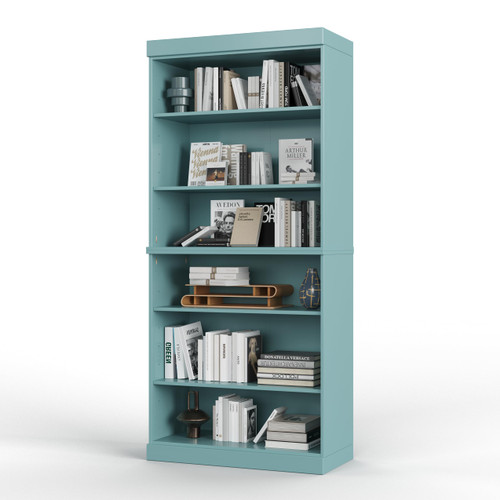 Solid Wood Bookcase - Stackable Modular 6-Tier Bookshelf - 71.5" Tall x 32" Wide - Aqua, Open Display Shelf for Living Room, Office, Renewable 100% Eco-Friendly Wood, Made in Brazil
