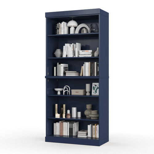 Solid Wood Bookcase - Stackable Modular 6-Tier Bookshelf - 71.5" Tall x 32" W - Navy Blue, Open Display Shelf for Living Room, Office, Renewable 100% Eco-Friendly Wood, Made in Brazil
