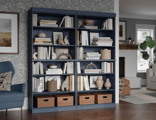 12-Shelf Bookcase, 100% Solid Brazilian Pine Wood, Adjustable Shelves, 64" Wide, 71.5" Tall, Antique Blue