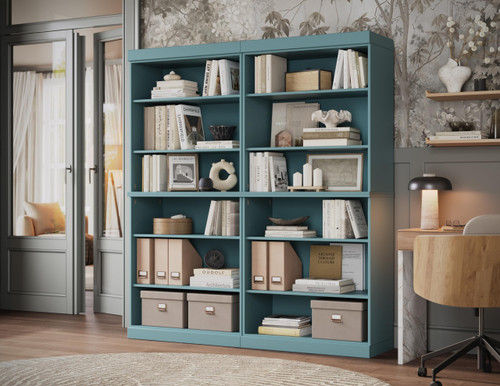 12-Shelf Solid Wood Bookcase - 64" Wide Wooden Bookshelf - Aqua Modular Cabinets with Adjustable Shelves - 71.5" Tall Bookcases for Living Room - 100% Eco-Friendly Wood