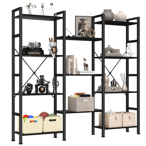 Triple Column 4 Tier Bookshelf, Wide Industrial Bookcase, Black
