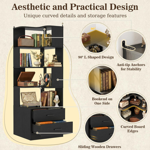 Corner Book Shelf with Drawers, Small Corner Shelf with Drawers