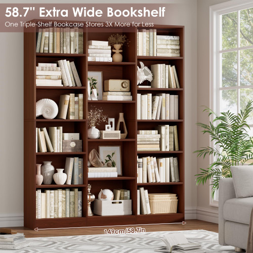Triple Wide Bookshelf, Large Bookshelf with 17 Display Shelves