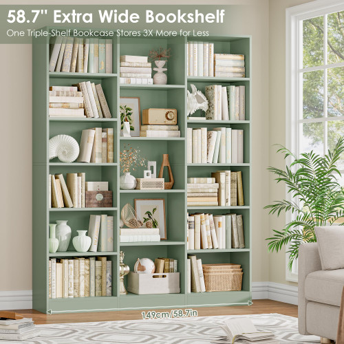 Triple Wide Bookshelf, Large Bookshelf with 17 Display Shelves