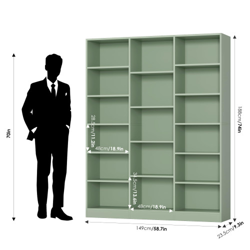 Triple Wide Bookshelf, Large Bookshelf with 17 Display Shelves