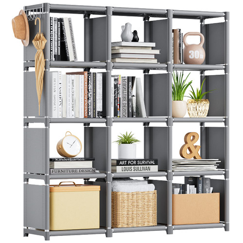 Book Shelf, 12 Cube Storage Organizer, DIY Bookcase, Metal Cube Bookshelf,Tall Book case for Bedroom, Living Room,Office,Closet Storage Organizer, Grey Cubicle Storage Rack