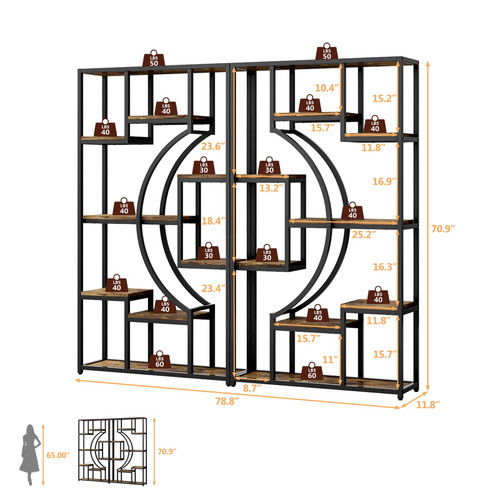 Industrial 5-Tier Bookshelf with Storage, 70.9 Inch Tall Large Display Bookcase - Modern Metal Standing Shelves for Living Room, Office and Bedroom, Set of 2, Brown