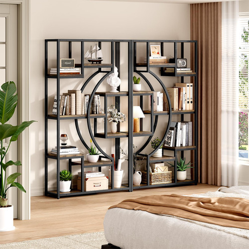 Industrial 5-Tier Bookshelf with Storage, 70.9 Inch Tall Large Display Bookcase - Modern Metal Standing Shelves for Living Room, Office and Bedroom, Set of 2, Brown