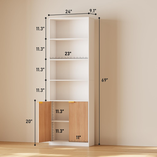 69" Tall Book Shelve Bookcases with Doors, Floor Standing 6 Shelf Display Shelves, Freestanding Shelving Unit with Closed Doors for Storage, Home Decor Furniture for Living Room Home Office