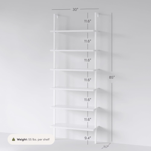6-Shelf Tall Modern Bookshelf, Wall Mount Ladder Shelf Bookcase with Wood and Industrial Metal Frame, Matte White