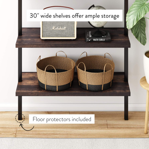 6-Shelf Tall Bookcase, Wall Mount Bookshelf with Natural Wood Finish and Industrial Metal Frame, Nutmeg/Matte Black