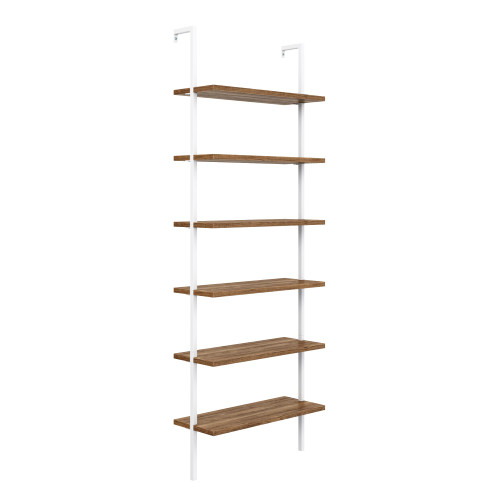 6-Shelf Tall Bookcase, Wall Mount Bookshelf with Natural Wood Finish and Industrial Metal Frame, Rustic Oak/White