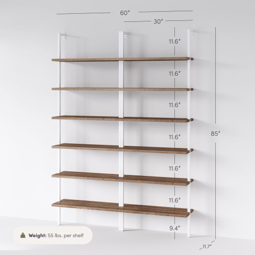 6-Shelf Tall Bookcase, Wall Mount Bookshelf with Natural Wood Finish and Industrial Metal Frame, Rustic Oak/White, Set of 2