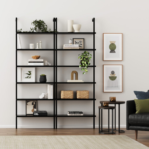 6-Shelf Tall Bookcase, Wall Mount Bookshelf Wood Shelves and Metal Frame, Matte Black, Set of 2