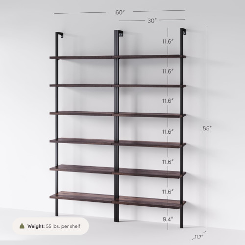 6-Shelf Tall Bookcase, Wall Mount Bookshelf with Natural Wood Finish and Industrial Metal Frame, Nutmeg/Matte Black, Set of 2