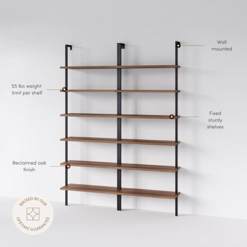 6-Shelf Tall Bookcase, Wall Mount Bookshelf with Reclaimed Oak Wood and Industrial Metal Frame, Reclaimed Oak/Matte Black, Set of 2