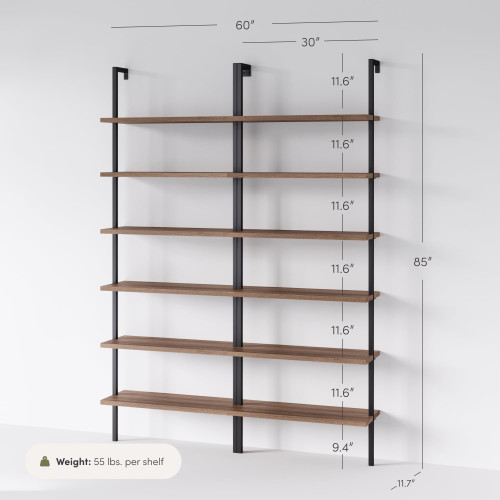 6-Shelf Tall Bookcase, Wall Mount Bookshelf with Reclaimed Oak Wood and Industrial Metal Frame, Reclaimed Oak/Matte Black, Set of 2