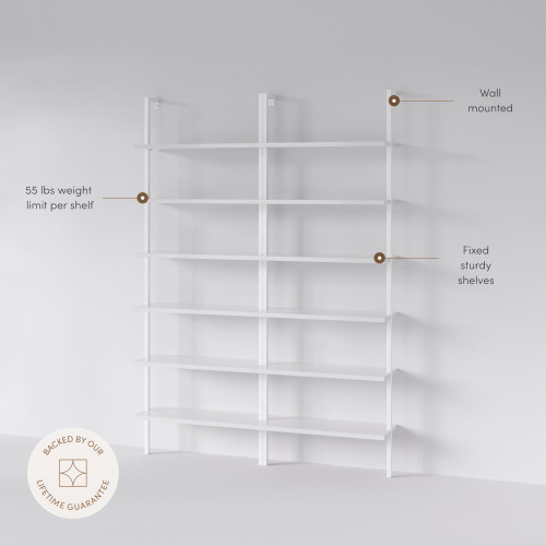 6-Shelf Tall Modern Bookshelf, Wall Mount Ladder Shelf Bookcase with White Wood and Industrial Metal Frame, Matte White/White, Set of 2
