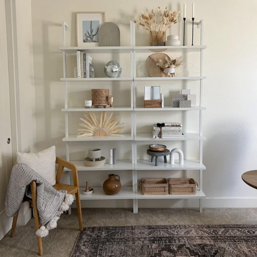 6-Shelf Tall Modern Bookshelf, Wall Mount Ladder Shelf Bookcase with White Wood and Industrial Metal Frame, Matte White/White, Set of 2