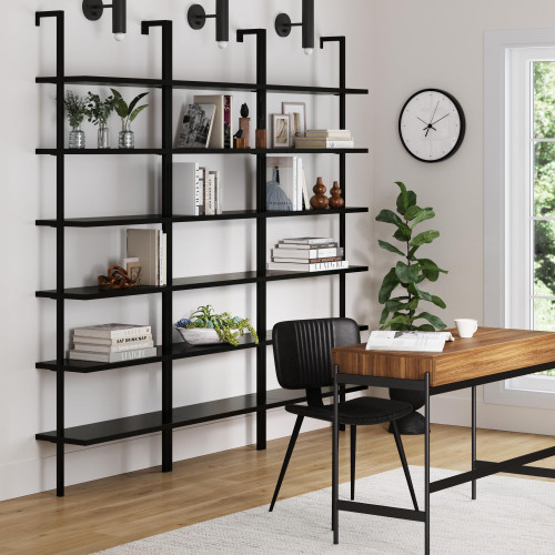 6-Shelf Tall Bookcase, Wall Mount Bookshelf Wood Shelves and Metal Frame, Matte Black, Set of 3