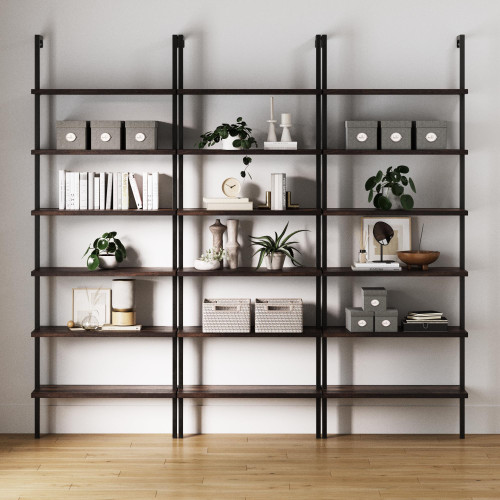 6-Shelf Tall Bookcase, Wall Mount Bookshelf with Natural Wood Finish and Industrial Metal Frame, Nutmeg/Matte Black, Set of 3