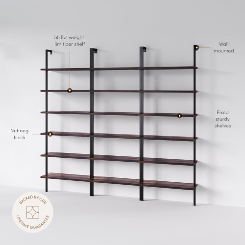 6-Shelf Tall Bookcase, Wall Mount Bookshelf with Natural Wood Finish and Industrial Metal Frame, Nutmeg/Matte Black, Set of 3