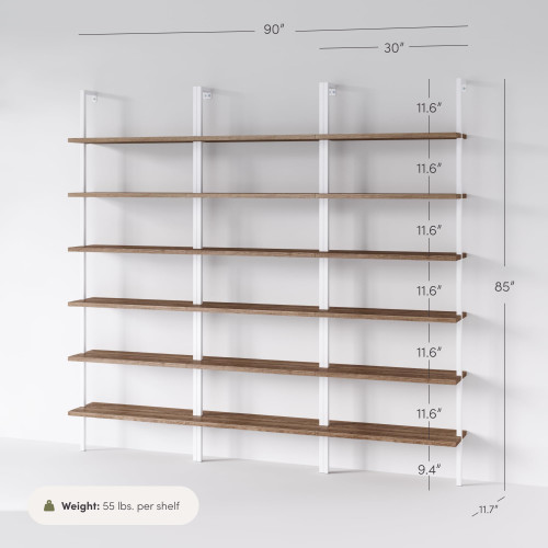 6-Shelf Tall Bookcase, Wall Mount Bookshelf with Natural Wood Finish and Industrial Metal Frame, Rustic Oak/White, Set of 3