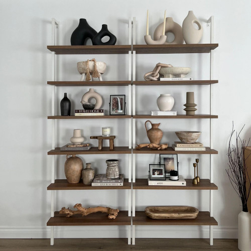6-Shelf Tall Bookcase, Wall Mount Bookshelf with Natural Wood Finish and Industrial Metal Frame, Rustic Oak/White, Set of 3