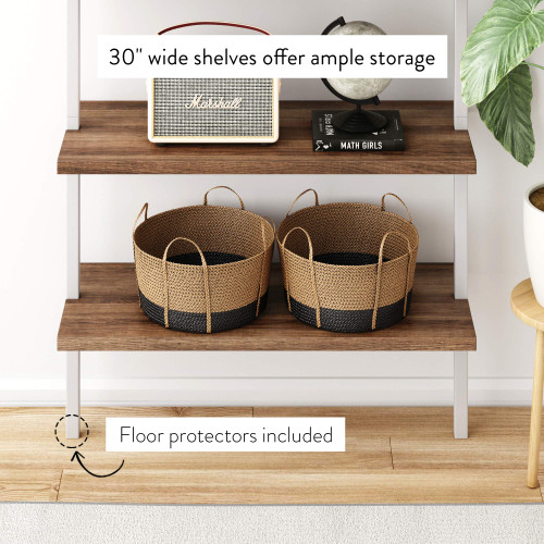6-Shelf Tall Bookcase, Wall Mount Bookshelf with Natural Wood Finish and Industrial Metal Frame, Rustic Oak/White, Set of 3
