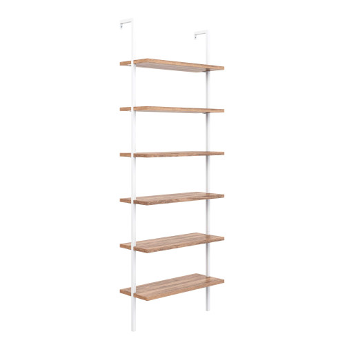 6-Shelf Tall Bookcase, Wall Mount Bookshelf with Natural Wood Finish and Industrial Metal Frame, Rustic Oak/White, Set of 3