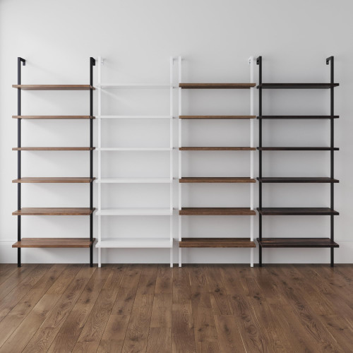 6-Shelf Tall Bookcase, Wall Mount Bookshelf with Natural Wood Finish and Industrial Metal Frame, Rustic Oak/White, Set of 3
