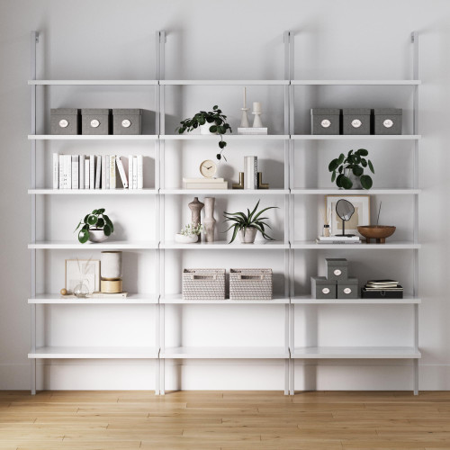 6-Shelf Tall Modern Bookshelf, Wall Mount Ladder Shelf Bookcase with White Wood and Industrial Metal Frame, Matte White/White, Set of 3