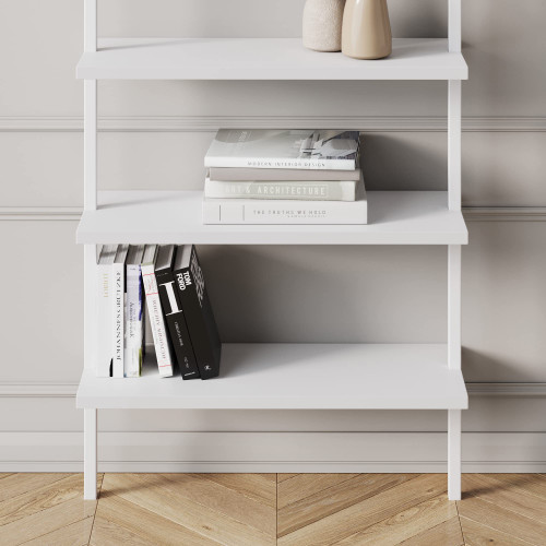  6-Shelf Tall Modern Bookshelf, Wall Mount Ladder Shelf Bookcase with White Wood and Industrial Metal Frame, Matte White/White, Set of 3