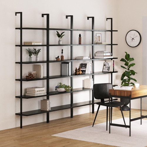 6-Shelf Tall Bookcase, Wall Mount Bookshelf Wood Shelves and Metal Frame, Matte Black, Set of 4