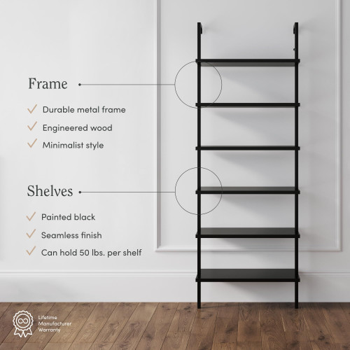 6-Shelf Tall Bookcase, Wall Mount Bookshelf Wood Shelves and Metal Frame, Matte Black, Set of 4