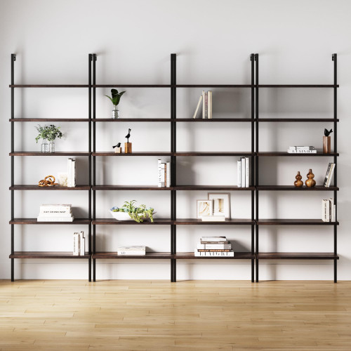 6-Shelf Tall Bookcase, Wall Mount Bookshelf with Natural Wood Finish and Industrial Metal Frame, Nutmeg/Matte Black, Set of 4