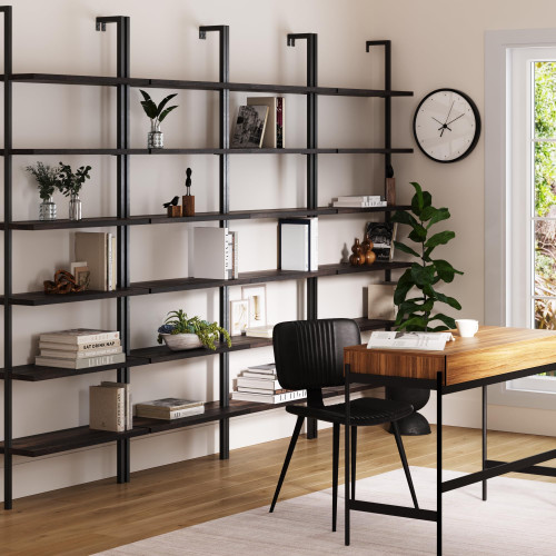 6-Shelf Tall Bookcase, Wall Mount Bookshelf with Natural Wood Finish and Industrial Metal Frame, Nutmeg/Matte Black, Set of 4