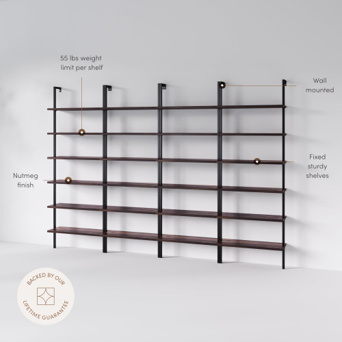 6-Shelf Tall Bookcase, Wall Mount Bookshelf with Natural Wood Finish and Industrial Metal Frame, Nutmeg/Matte Black, Set of 4