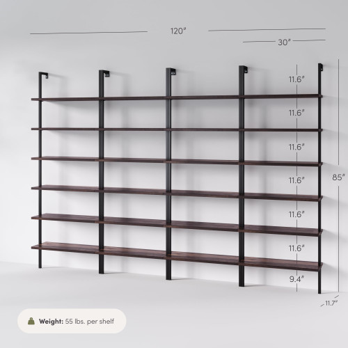 6-Shelf Tall Bookcase, Wall Mount Bookshelf with Natural Wood Finish and Industrial Metal Frame, Nutmeg/Matte Black, Set of 4