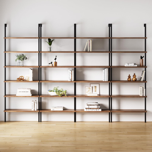 6-Shelf Tall Bookcase, Wall Mount Bookshelf with Reclaimed Oak Wood and Industrial Metal Frame, Reclaimed Oak/Matte Black, Set of 4