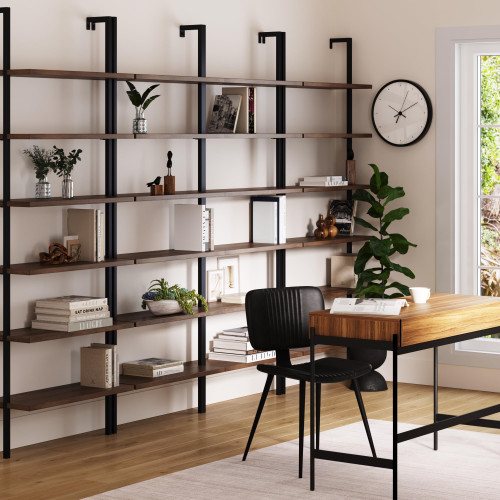 6-Shelf Tall Bookcase, Wall Mount Bookshelf with Reclaimed Oak Wood and Industrial Metal Frame, Reclaimed Oak/Matte Black, Set of 4