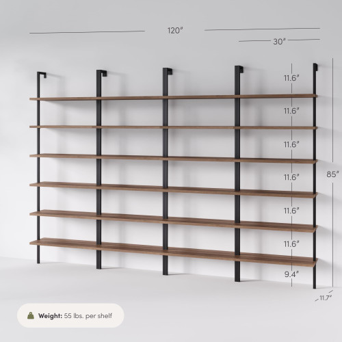 6-Shelf Tall Bookcase, Wall Mount Bookshelf with Reclaimed Oak Wood and Industrial Metal Frame, Reclaimed Oak/Matte Black, Set of 4