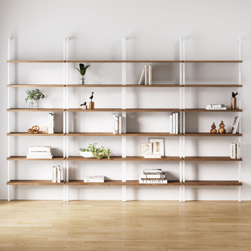 6-Shelf Tall Bookcase, Wall Mount Bookshelf with Natural Wood Finish and Industrial Metal Frame, Rustic Oak/White, Set of 4