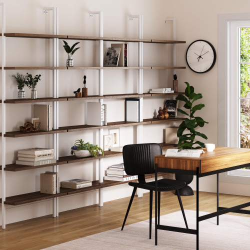 6-Shelf Tall Bookcase, Wall Mount Bookshelf with Natural Wood Finish and Industrial Metal Frame, Rustic Oak/White, Set of 4
