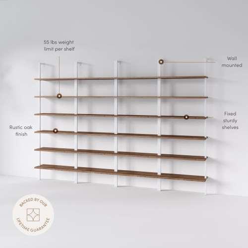 6-Shelf Tall Bookcase, Wall Mount Bookshelf with Natural Wood Finish and Industrial Metal Frame, Rustic Oak/White, Set of 4
