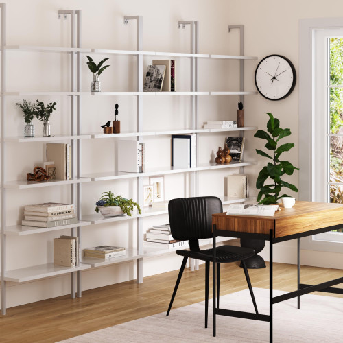 6-Shelf Tall Modern Bookshelf, Wall Mount Ladder Shelf Bookcase with White Wood and Industrial Metal Frame, Matte White/White, Set of 4