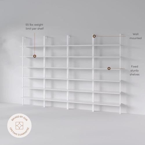 6-Shelf Tall Modern Bookshelf, Wall Mount Ladder Shelf Bookcase with White Wood and Industrial Metal Frame, Matte White/White, Set of 4